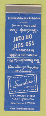 Matchbook Cover - Sanders Clothes Allentown PA
