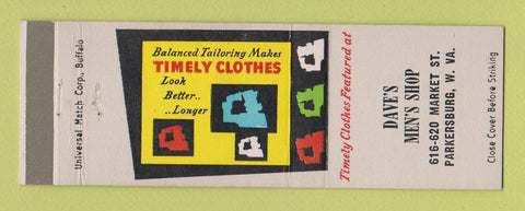 Matchbook Cover - Timely Men's Clothes Dave's Parkersburg WV