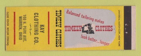 Matchbook Cover - Timely Men's Clothes Kay Clothing Warren OH
