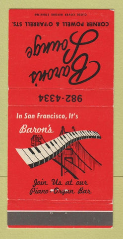 Matchbook Cover - Baron's Lounge San Francisco CA 30 Strike