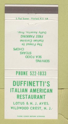 Matchbook Cover Duffinetti's Italian Restaurant Wildwood Crest NJ WEAR 30 Strike