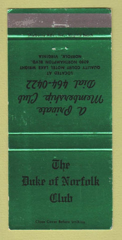 Matchbook Cover - Duke of Norfolk Club VA 30 Strike