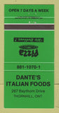 Matchbook Cover - Dante's Italian Restaurant Thornhill ON 30 Strike