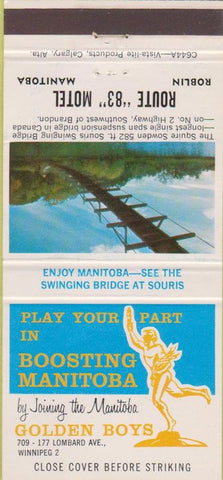 Matchbook Cover - Route 83 Motel Roblin Golden Boys Winnipeg MB 30 Strike