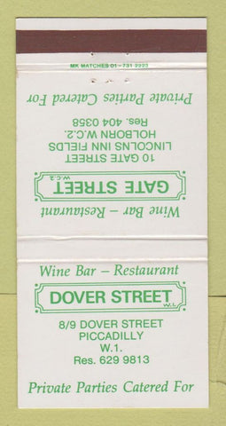 Matchbook Cover Dover Street Restaurant Piccadilly Holborn UK England 30 Strike