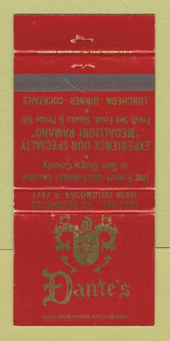 Matchbook Cover - Dante's Restaurant Escondido CA WEAR 30 Strike