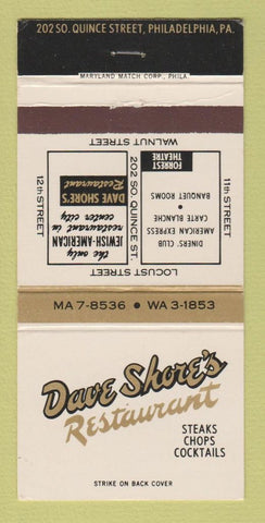 Matchbook Cover - Dave Shore's Restaurant Philadelphia PA 30 Strike