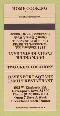 Matchbook Cover - Davenport Square Family Restaurant Davenport IA 30 Strike
