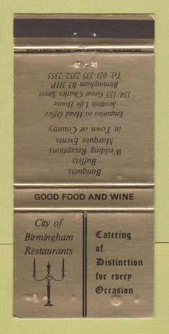 Matchbook Cover - City of Birmingham Restaurant  UK England WEAR 30 Strike