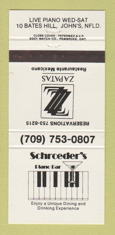 Matchbook Cover - Schroeder's Piano Bar St John's NF 30 Strike