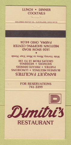 Matchbook Cover - Dimitri's Restaurant Parma OH 30 Strike