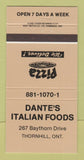 Matchbook Cover - Dante's Italian Restaurant Thornhill ON 30 Strike