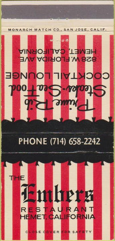 Matchbook Cover - Ember's Restaurant Hemel CA 30 Strike