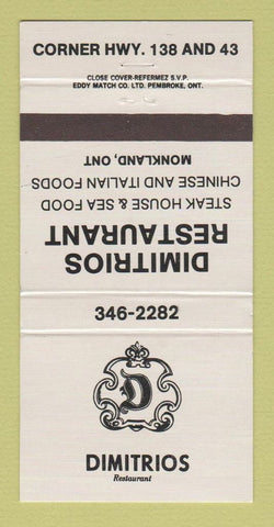 Matchbook Cover - Dimitrios Restaurant Monkland ON 30 Strike