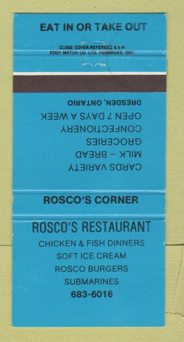 Matchbook Cover - Rosco's Restaurant Dresden ON 30 Strike