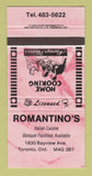 Matchbook Cover - Romantino's Italian Restaurant Toronto ON 30 Strike