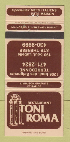 Matchbook Cover Toni Roma Italian Restaurant Terrebonne Ste Therese QC 30 Strike