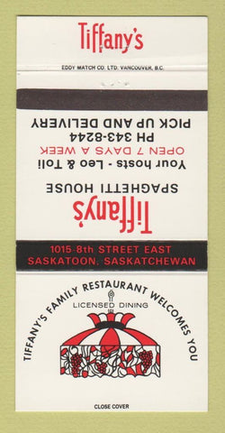 Matchbook Cover - Tiffany's Spaghetti House Saskatoon SK 30 Strike