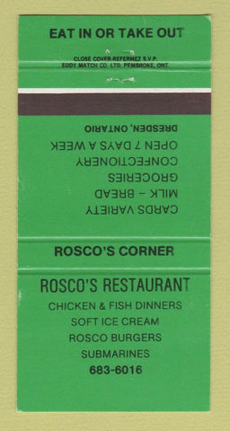 Matchbook Cover - Rosco's Restaurant Dresden ON 30 Strike