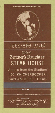 Matchbook Cover - Zentner's Daughter Steak House San Angelo TX 30 Strike