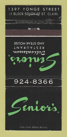 Matchbook Cover - Senior's Deli Toronto ON 30 Strike