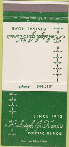 Matchbook Cover - Raleigh J Harris Funeral Home Pontiac IL 30 Strike