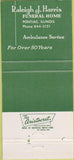Matchbook Cover - Raleigh J Harris Funeral Home Pontiac IL 30 Strike