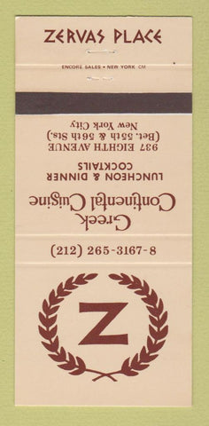 Matchbook Cover - Zervas Place New York City Greek 30 Strike