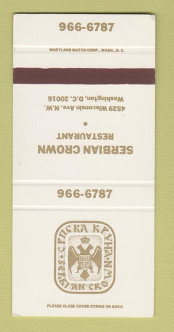 Matchbook Cover - Serbian Crown Restaurant Washington DC SAMPLE 30 Strike