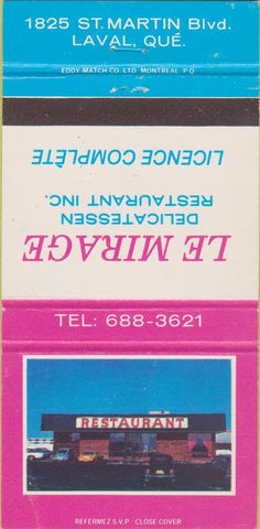 Matchbook Cover - Le Mirage Deli Restaurant Laval QC 30 Strike