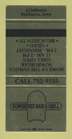 Matchbook Cover - Sombrero Bar Grill Burlington IA 30 Strike