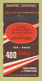 Matchbook Cover - 400 Grill Grocery Tobacco Barrie ON 30 Strike