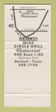 Matchbook Cover - Wise Circle Grill Garland TX 30 Strike