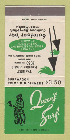 Matchbook Cover - Queen's Surf Restaurant Waikiki Hawaii girlie 30 Strike