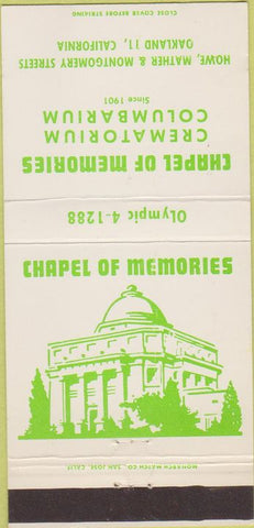 Matchbook Cover - Chapel of Memories Mortuary Oakland CA 30 Strike