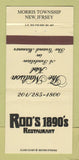 Matchbook Cover - Rod's 1890's Restaurant Morris Township NJ 30 Strike