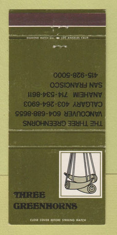 Matchbook Cover - Three Greenhorns Vancouver BC Calgary AB 30 Strike