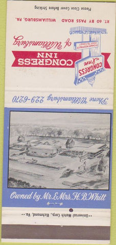 Matchbook Cover - Congress Inn Motel Williamsburg PA 30 Strike