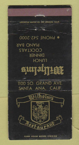 Matchbook Cover - Wilhelm's Restaurant Santa Ana CA WEAR 30 Strike