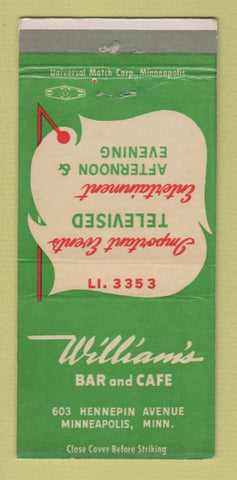 Matchbook Cover - William's Bar Cafe Minneapolis MN 30 Strike