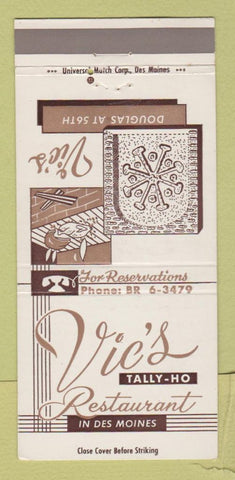 Matchbook Cover - Vic's Tally Ho Restaurant Des Moines IA 30 Strike