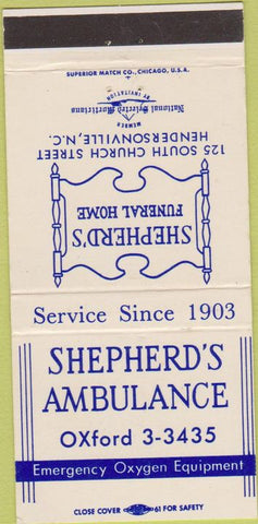 Matchbook Cover - Shepherd's Funeral Home Hendersonville NC 30 Strike