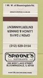 Matchbook Cover - Spavone's Ristorante Bloomingdale IL 30 Strike