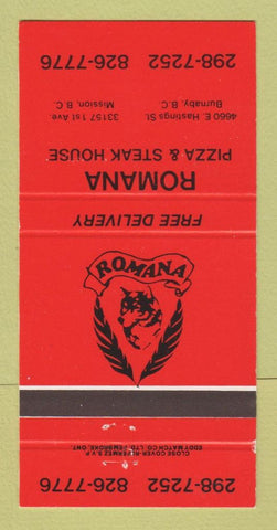Matchbook Cover - Romana Pizza Steak House Misson Burnaby BC 30 Strike