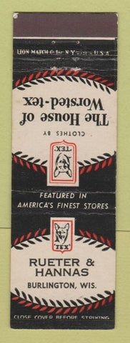 Matchbook Cover - Ruetter & Hannas Worsted Tex Men's Clothes Burlington WI