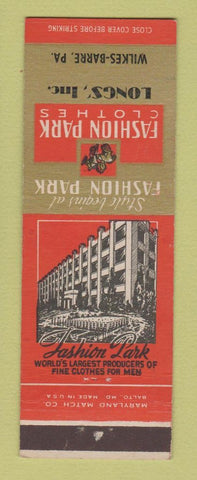 Matchbook Cover - Fashion Park Men's Clothes Wilkes Barre PA Longs