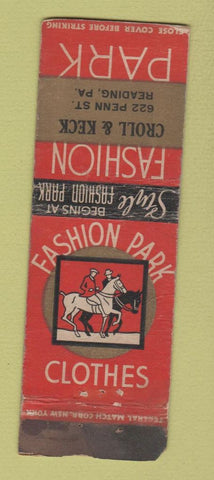 Matchbook Cover - Fashion Park Men's Clothes Croll & Keck Reading PA WORN