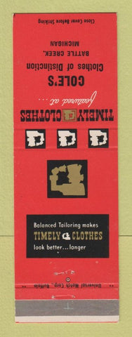 Matchbook Cover - Timely Men's Clothes Cole's Battle Creek MI