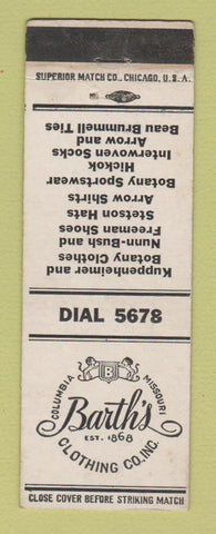 Matchbook Cover - Barth's Men's Clothes Columbia MO