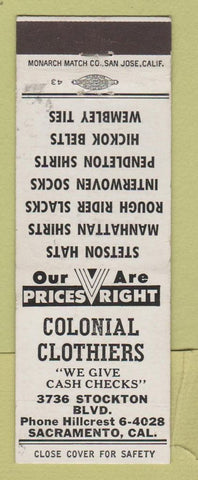 Matchbook Cover - Colonial Clothes Sacramento CA